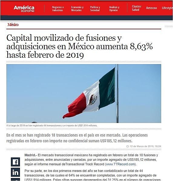 Capital movilizado de fusiones y adquisiciones en Mxico aumenta 8,63% hasta febrero de 2019